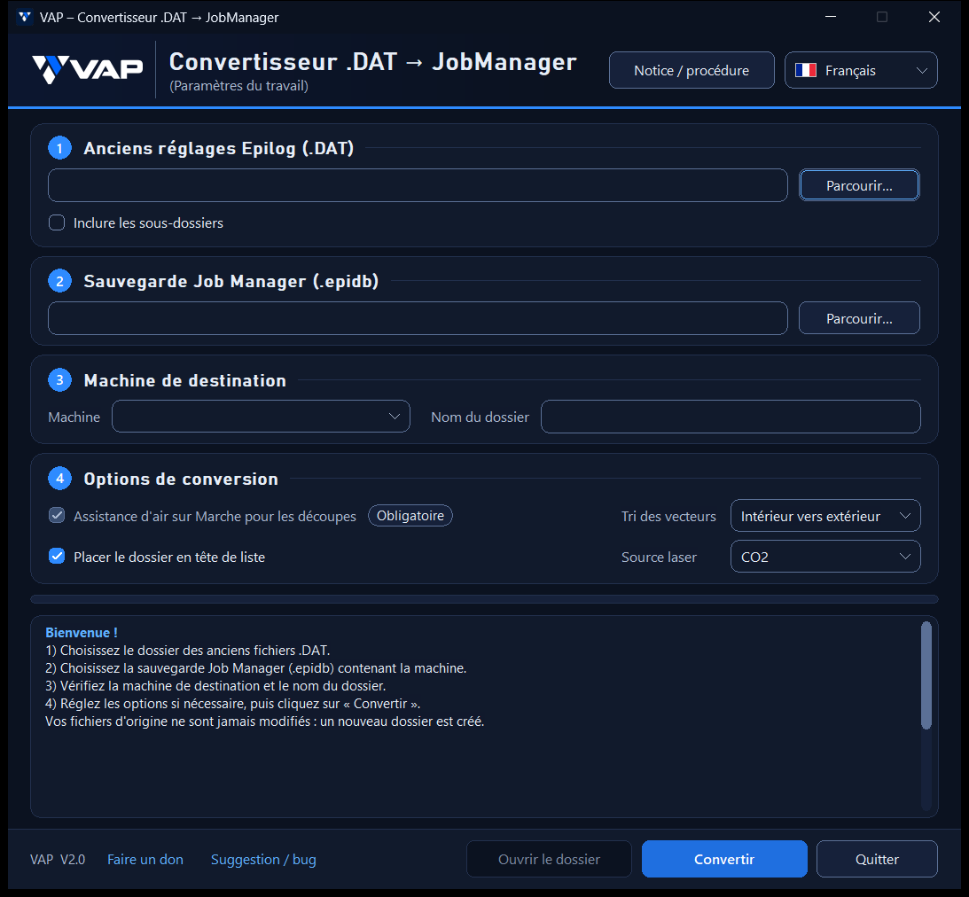 Interface française du convertisseur VAP v2.0 : fichiers DAT Epilog, sauvegarde JobManager, machine de destination et options de conversion.